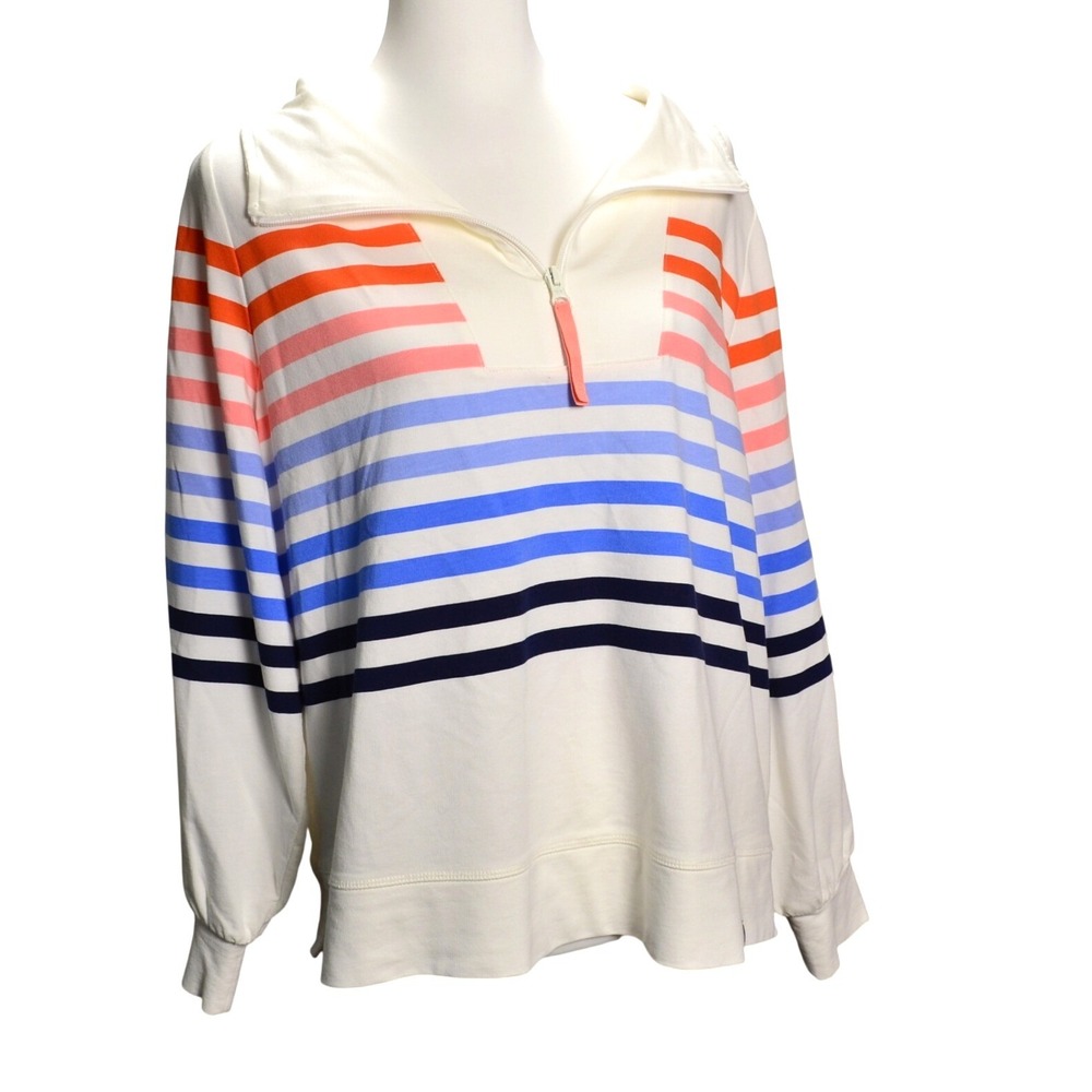 T by Talbots Women's White Multi Stripe Quarter Zip Pullover Sweatshirt 14/16 X